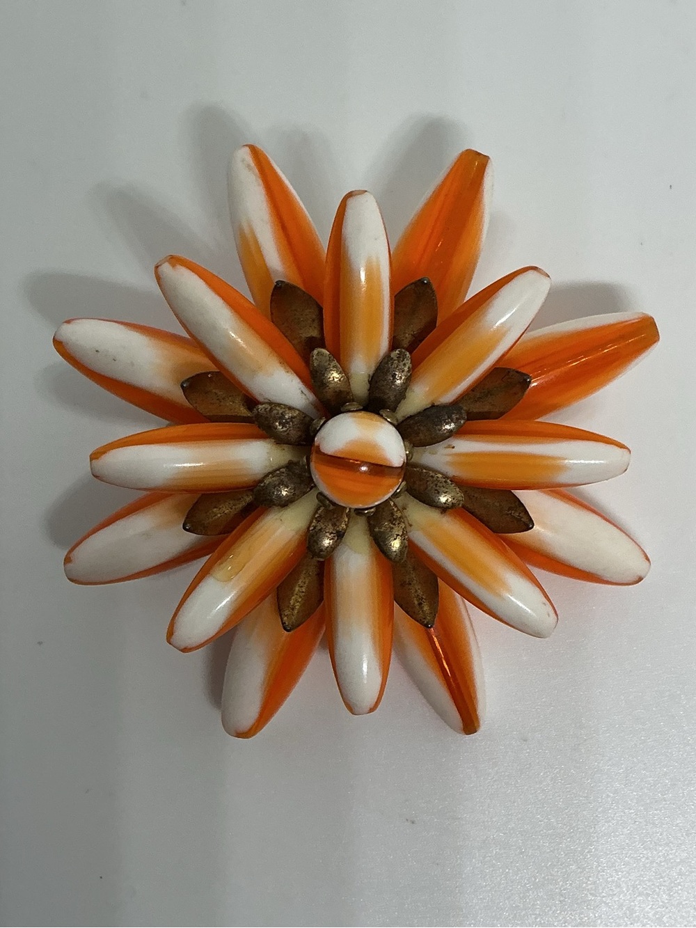 Vintage Orange & White Acrylic Dagger Bead Flower Brooch, Layered Starburst